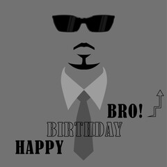 Birthday card for men, gray background, black sunglasses and suit