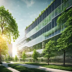 Office building with green environment. Eco-friendly building in the modern city. Sustainable glass office building with trees for reducing heat and carbon dioxide. - obrazy, fototapety, plakaty