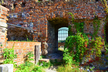 Old red brick wall and window with a grid. An abandoned old building. Castle Ruins. Grass and plants around. Torun, Poland, August 2023  
