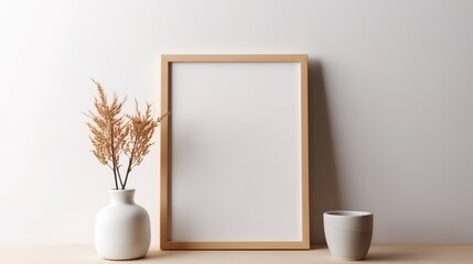 Fototapeta na wymiar Blank frame on white background mockup. Wooden frame on a wooden shelf or table with vases and plants beside. Generative AI. 
