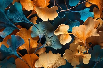 Vibrant 3D artwork with orange, blue, and golden ginko biloba leaves on a canvas mural wallpaper. Generative AI