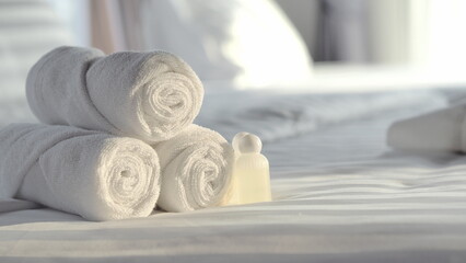 Beautifully folded white towels and toiletries. Luxury bedroom in the bedroom ,Bed, hotel, bedroom,...