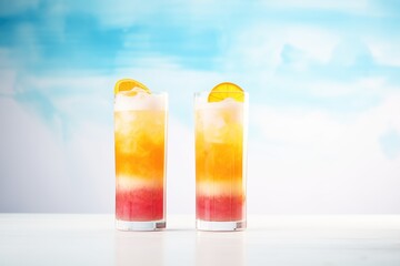 duo of glasses filled with layered beetroot & carrot juice, gradient effect, light background