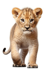 Small Lion Cub Walking Across White Background