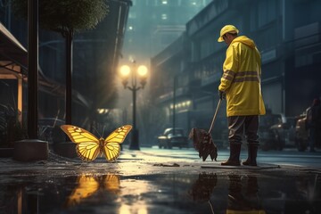 A wiper and a butterfly in yellow - obrazy, fototapety, plakaty