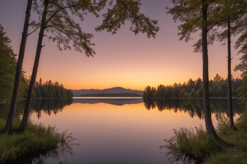 Obraz premium Trees Silhouetted by the Calm Lake, Bathed in the Ethereal Glow of Evening Sunset