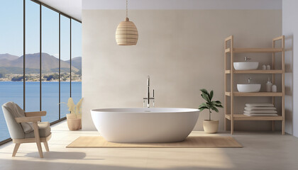 modern bathroom design with bathtub and sea view