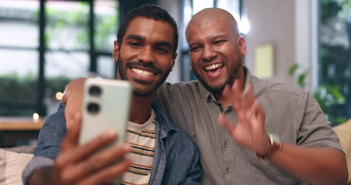 Home, gay couple and video call with wave, smile and love with bonding and hug in a living room. Partner, talking and lgbt pride with marriage in happy house with queer relationship of black men
