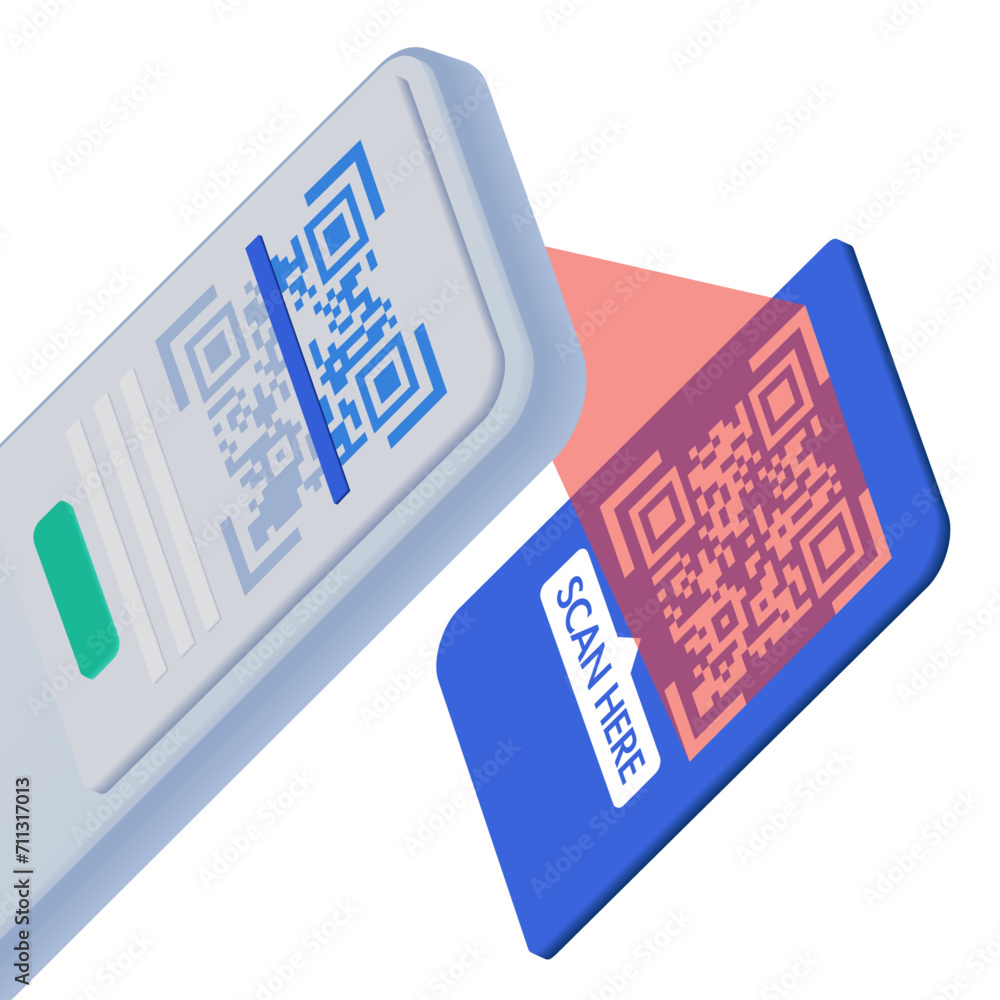 Poster scanning qr code through a smartphone on a paper. qr code verification. 3d cartoon smartphone scans 