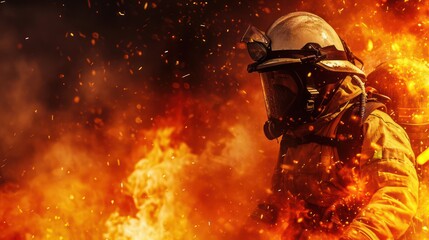 Firefighting-themed background with space for text, featuring a fire effect, a fully geared firefighter, fireproof clothing, personal protective equipment, and an oxygen cylinder.