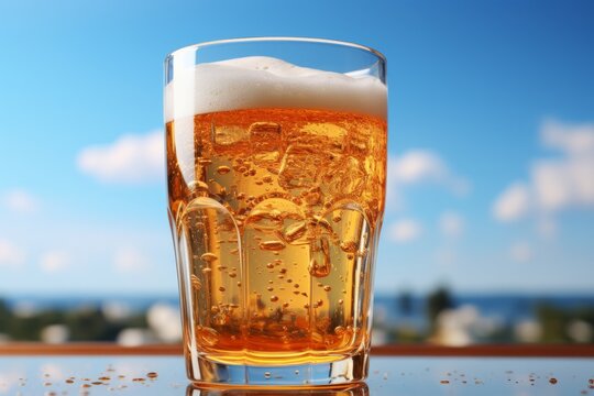 Refreshing Beer Glass, on an isolated Sky Blue background, Generative AI