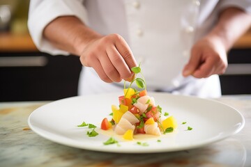 chef garnishing a dish of ceviche with fresh lemon wedges