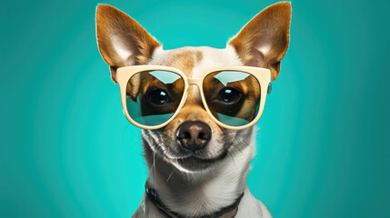 Small Dog Wearing Sunglasses on Blue Background