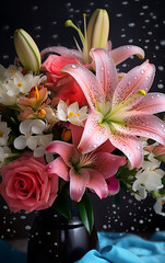 Obraz na płótnie Canvas Fresh Flower Bouquet with Water Droplets on Kitchen