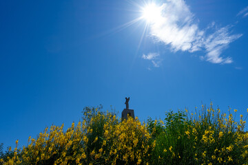 statue of Christ from Almada/Lisbon, Portugal seen through vegetation with strong blue sky.