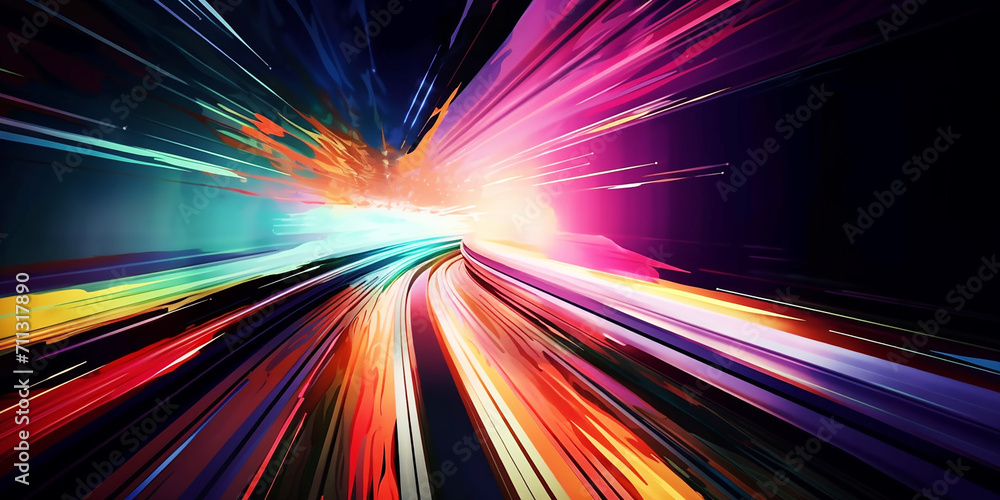 Poster colorful abstract lights forming a tunnel. futuristic background with bright colored rays of light, 