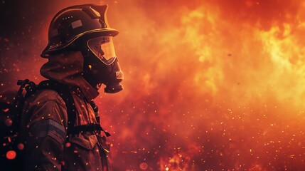 A fire-fighting background with ample copy space for text, showcasing a fire effect, a firefighter in full uniform, fireproof clothing, personal protective equipment, and an oxygen cylinder - obrazy, fototapety, plakaty