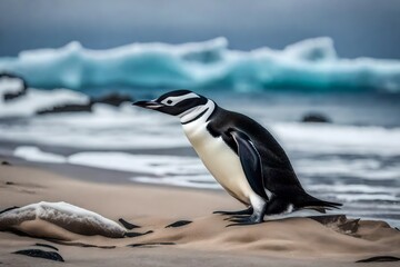 Elevate your imagination with a captivating image of a chinstrap penguin on the beach, showcasing the unique beauty of Antarctica.