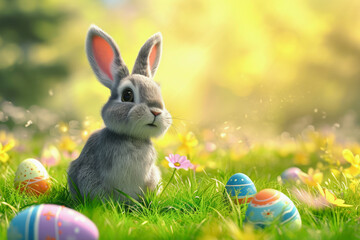 A cute bunny sits among flowers and colored eggs on a green meadow. Easter Bunny. 3D illustration