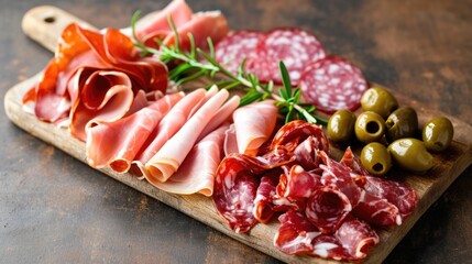 Assortment , sliced meat appetizer, prosciutto, salami and ham, with olives