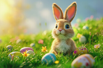 A cute rabbit sits in the middle of a green meadow with painted eggs. Easter Bunny. 3D illustration