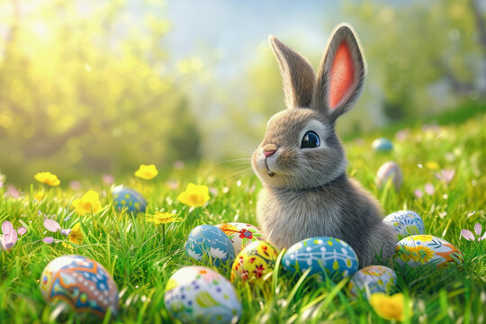 A cute rabbit sits in the middle of a green meadow with painted eggs. Easter Bunny. 3D illustration