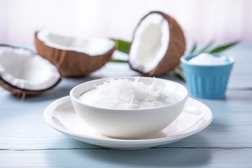 Fototapeta na wymiar plain coconut yogurt in a ceramic dish with coconut flakes