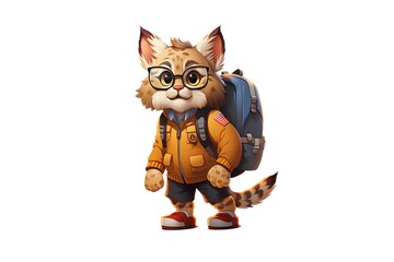 Cute cartoon cat with backpack. Vector illustration isolated on white background.