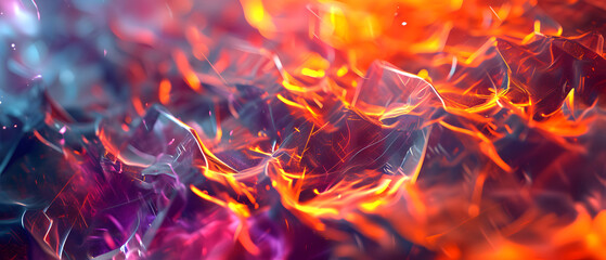 A vibrant blaze of amber and orange radiates intense heat, its abstract form captivating with its colorfulness and fierce flames - obrazy, fototapety, plakaty