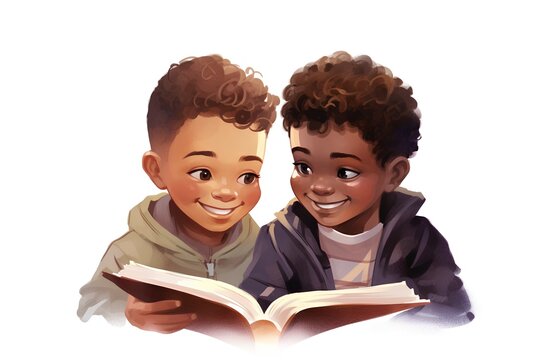 Illustration of a cute boy and a girl reading a book together
