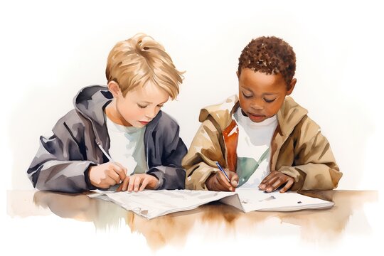 Two children drawing in a sketchbook. Isolated on white background.
