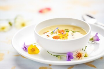 Fototapeta na wymiar elegant plated soup, edible flowers as garnish, fine dining