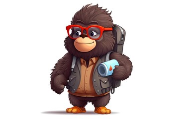 Vector illustration of funny cartoon gorilla in glasses with camera and map.