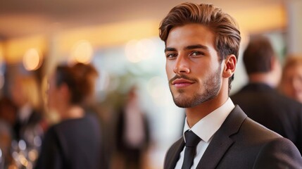 Fototapeta premium Suited businessman confidently presents strategic plans during a corporate meeting, exuding professionalism