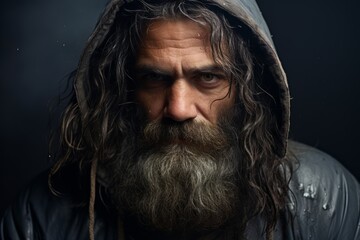 close-up portrait of an old man with a long beard and mustache and wet hair on a dark background studio