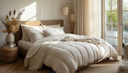 elegant bedroom with neutral bedding