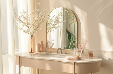 Modern, minimal beige Schminktisch, Goldgriff Schublade, Glasvase, runder Kosmetikspiegel in Creme, Schlafzimmerwand im Sonnenlicht für Luxus Schönheit, Kosmetik