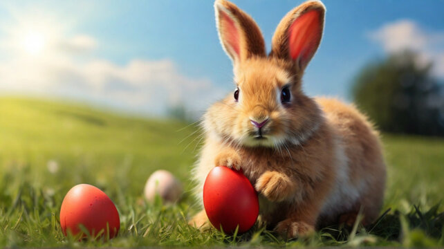 Cute fuffy Easter bunny with red Easter egg on the meadow	