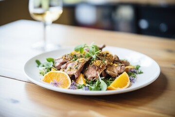 pan-seared duck with orange segments and herbs