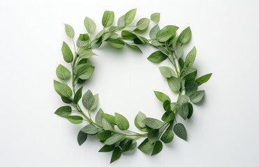 a wreath of green leaves is placed up on a white surface