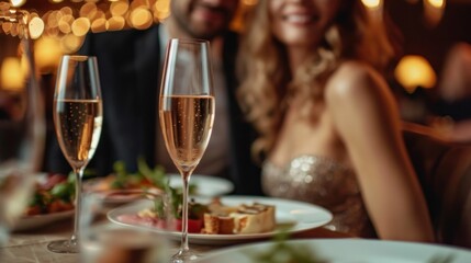 Obraz premium elegant business couple sitting in luxury restaurant with glass of shampagne
