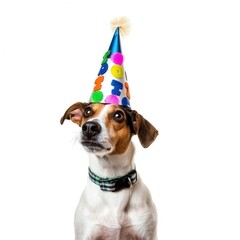 cute dog in birthday cap isolated