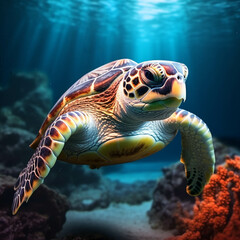 Fototapeta premium Image of a sea turtle swimming in the sea.