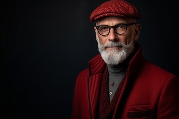 Portrait of a handsome senior man with gray beard and mustache wearing a red coat and cap on a black background.