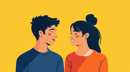 Couple smiling at each other. Minimalistic illustration. Love and Relationship concept.