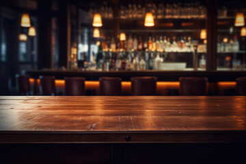 Fototapeta na wymiar A empty wooden dark table, elegant bar in the background. 