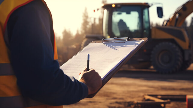 Close-up operation supervisor is checking on heavy machine and equipment checklist on blurred background at sun right