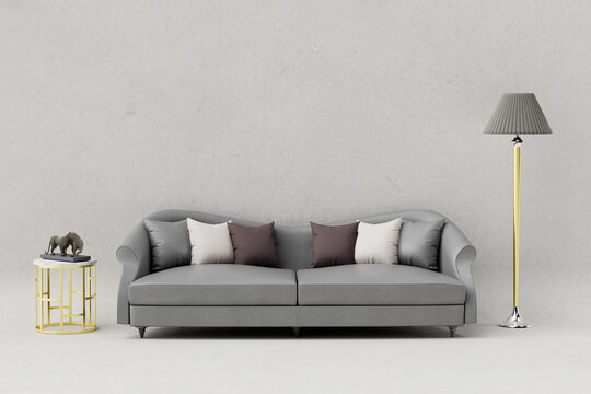 Leather grey sofa for living room, industrial interior background, 3d render