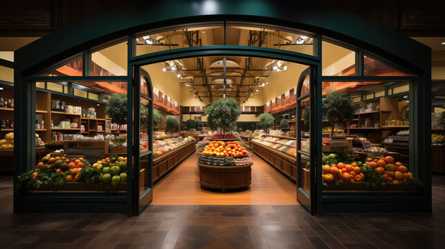 The inviting entrance of a grocery store opens to a well-stocked produce section, showcasing an abundance of fresh fruits and vegetables.