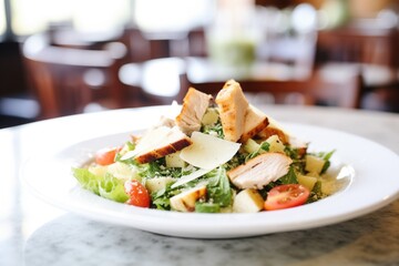cubed grilled chicken in a fresh caesar salad - obrazy, fototapety, plakaty